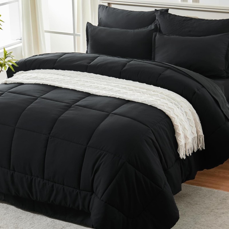 Andency Black Full Size Comforter Set with Sheets, 7 Pieces Bed in a Bag Bed Sets, Soft Fluffy Reversible Bedding Set with Comforter, Flat Sheet, Fitted Sheet, 2 Pillowcases, 2 Pillow Shams