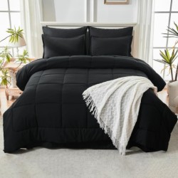 Andency Black Full Size Comforter Set with Sheets, 7 Pieces Bed in a Bag Bed Sets, Soft Fluffy Reversible Bedding Set with Comforter, Flat Sheet, Fitted Sheet, 2 Pillowcases, 2 Pillow Shams