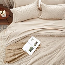 Anluoer Queen Comforter Set, Beige Tufted Bed in a Bag 7 Pieces with comforters and Sheets, All Season Bedding Sets with 1 Comforter, 2 PillowShams, 2 Pillowcases, 1 Flat Sheet, 1 Fitted Sheet