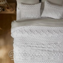 White Queen Comforter Set- Boho Tufted Shabby Chic White Comforter Queen,3 Pieces White Queen Comforter for All Seasons,White Comforter Set with 1 Comforter & 2 Pillow Shams