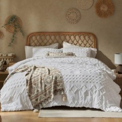 White Queen Comforter Set- Boho Tufted Shabby Chic White Comforter Queen,3 Pieces White Queen Comforter for All Seasons,White Comforter Set with 1 Comforter & 2 Pillow Shams