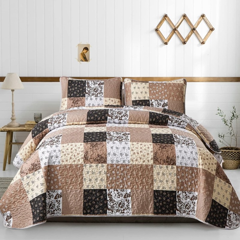 Mybedsoul Khaki Quilt Set King Size Quilt Bedding Set Brown Plaid,3 Pieces Patchwork Floral Patchwork Reversible Bedspread Coverlet Set for All Season,Soft Microfiber Bedding Set King 90"X104"