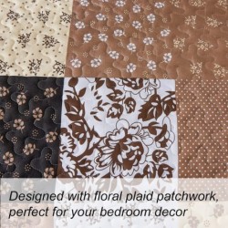 Mybedsoul Khaki Quilt Set King Size Quilt Bedding Set Brown Plaid,3 Pieces Patchwork Floral Patchwork Reversible Bedspread Coverlet Set for All Season,Soft Microfiber Bedding Set King 90"X104"