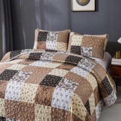 Mybedsoul Khaki Quilt Set King Size Quilt Bedding Set Brown Plaid,3 Pieces Patchwork Floral Patchwork Reversible Bedspread Coverlet Set for All Season,Soft Microfiber Bedding Set King 90"X104"