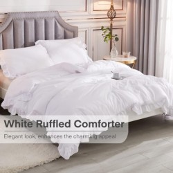 Andency White Comforter Full Size, 3 Pieces Solid Farmhouse Shabby Chic Ruffle Bedding Sets, All Season Soft Lightweight Comfy Down Alternative Bed Set for Girls Teens Men Women