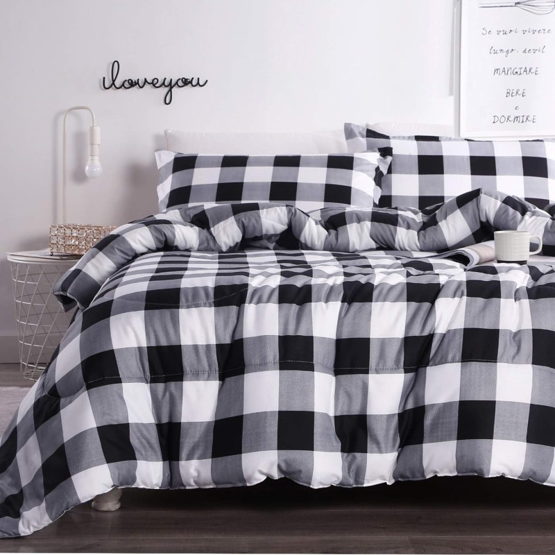 Andency Black Plaid Comforter Set Queen Size (90x90 Inch), 3 Pieces (1 Gingham Comforter and 2 Pillowcases), Summer Lightweight Microfiber Buffalo Check Down Alternative Comforter Set