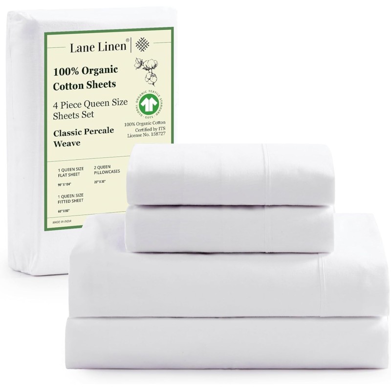 LANE LINEN 100% Organic Cotton Queen Sheet Set, 4Pc Cotton Sheets Queen Size Bed Set, Soft & Breathable Percale Weave, Deep Pocket Queen Sheets, Hotel-Quality Bed Sheets Queen Size - White Bed Sheets