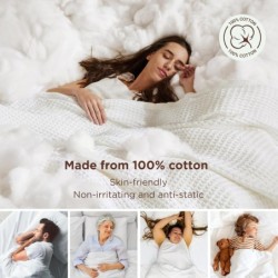 Bedsure 100% Cotton Blanket Queen Size for Bed - Waffle Weave Fall Blanket, Lightweight and Breathable Soft Christmas Blanket Gift for Women, White, 90x90 Inches