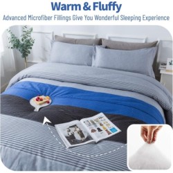 Andency Full Size Blue Comforter Set (79x90 Inch), 3 Pieces Gray and Blue Patchwork Striped Comforter, Soft Microfiber Down Alternative Comforter Bedding Set Bed in a Bag with Corner Loops