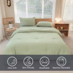 NSNLGSGC Queen Comforter Set, Sage Green Gingham Bedding Comforter Sets, Green Grid Bed Comforter 3 Pieces (1 Comforter, 2 Pillowcases)