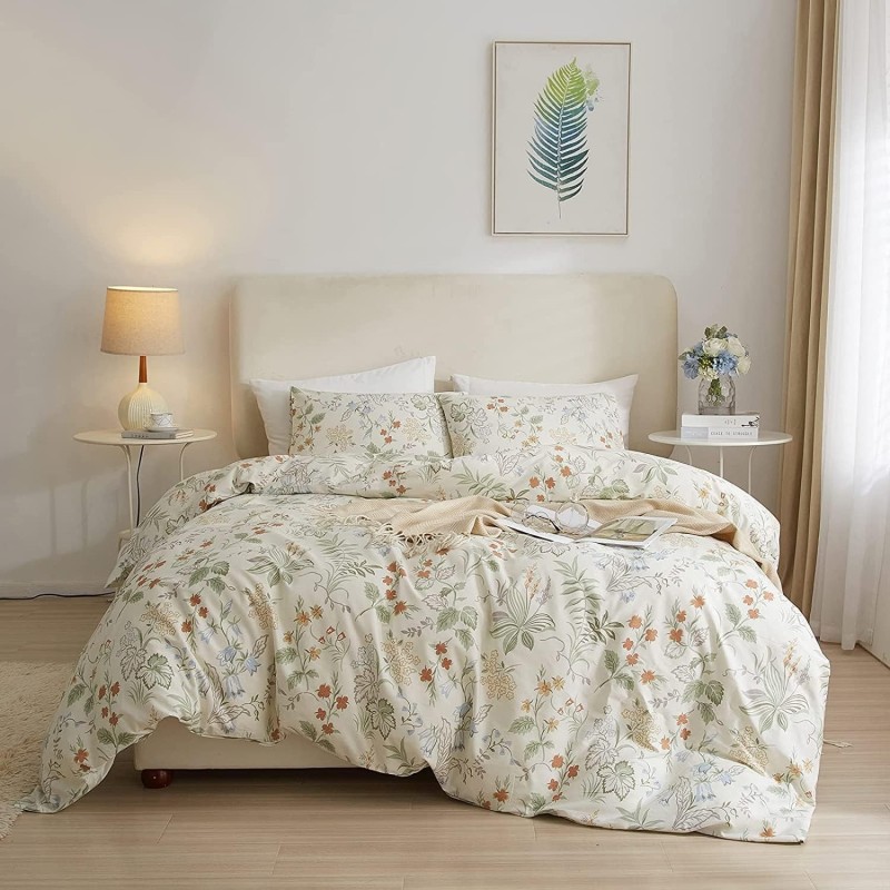 AMWAN Duvet Cover Set King White Floral Duvet Cover Cotton Floral Bedding Sets Chic Flower Botanical Comforter Cover Garden Style Vintage Floral Bedding Duvet Cover with 2 Pillowcases 104''x90''