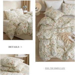 AMWAN Duvet Cover Set King White Floral Duvet Cover Cotton Floral Bedding Sets Chic Flower Botanical Comforter Cover Garden Style Vintage Floral Bedding Duvet Cover with 2 Pillowcases 104''x90''