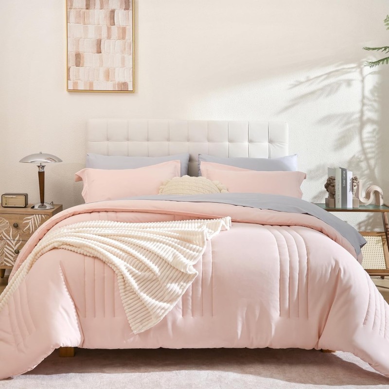 Smoofy Queen Comforter Set with Sheets 7 Pieces, Pink Bedding Queen Size with Vertical Stripe, Bed in a Bag Queen for All Seasons, Lightweight Fluffy Queen Bed Set with Sheets, Pillowcases & Shams