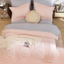 Smoofy Queen Comforter Set with Sheets 7 Pieces, Pink Bedding Queen Size with Vertical Stripe, Bed in a Bag Queen for All Seasons, Lightweight Fluffy Queen Bed Set with Sheets, Pillowcases & Shams