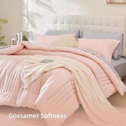 Smoofy Queen Comforter Set with Sheets 7 Pieces, Pink Bedding Queen Size with Vertical Stripe, Bed in a Bag Queen for All Seasons, Lightweight Fluffy Queen Bed Set with Sheets, Pillowcases & Shams