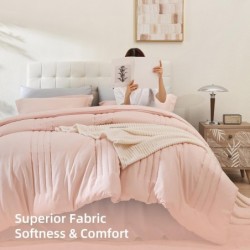 Smoofy Queen Comforter Set with Sheets 7 Pieces, Pink Bedding Queen Size with Vertical Stripe, Bed in a Bag Queen for All Seasons, Lightweight Fluffy Queen Bed Set with Sheets, Pillowcases & Shams