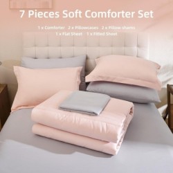 Smoofy Queen Comforter Set with Sheets 7 Pieces, Pink Bedding Queen Size with Vertical Stripe, Bed in a Bag Queen for All Seasons, Lightweight Fluffy Queen Bed Set with Sheets, Pillowcases & Shams