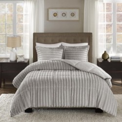 Madison Park Duke Luxe Faux Fur Reversible Comforter Set, Soft Plush Reverse, Modern Down Alternative Filling Cozy Bedding, Box Quilted Warm Cover, Matching Shams, Full/Queen, Grey 3 Piece