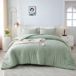 Litanika King Size Comforter Set Sage Green, 3 Pieces Lightweight Solid Bedding Comforters Sets, All Season Fluffy Down Alternative Comforter Bed Set Quilt Blanket