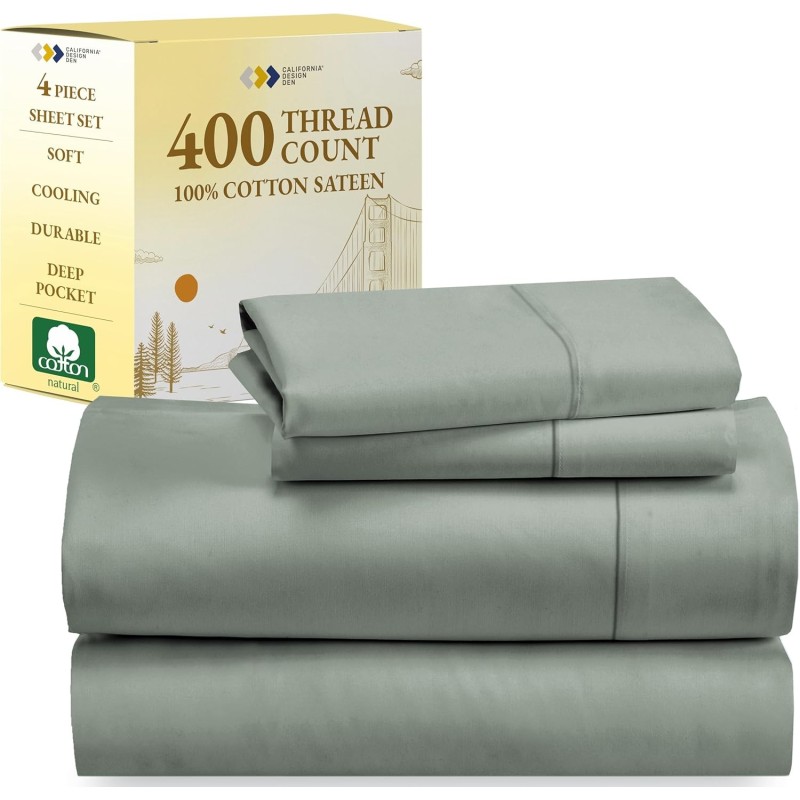 California Design Den 100% Cotton Sheets, Softest Queen Sheet Set, Cooling Sheets for Bed with Deep Pockets, 400 Thread Count Sateen, Bedding Sheets & Pillowcases, Queen Sheets (Sage Green)