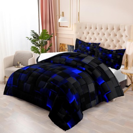 Geometric Blue Black Comforter Set,Light Honeycomb 3 Piece Bedding Set Full Size for Teen Boys,Modern Quilt Set Geometry Decor,Microfiber Lightweight 1 Comforter 2 Pillowcases All Season