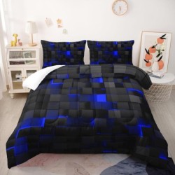 Geometric Blue Black Comforter Set,Light Honeycomb 3 Piece Bedding Set Full Size for Teen Boys,Modern Quilt Set Geometry Decor,Microfiber Lightweight 1 Comforter 2 Pillowcases All Season