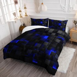 Geometric Blue Black Comforter Set,Light Honeycomb 3 Piece Bedding Set Full Size for Teen Boys,Modern Quilt Set Geometry Decor,Microfiber Lightweight 1 Comforter 2 Pillowcases All Season