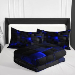 Geometric Blue Black Comforter Set,Light Honeycomb 3 Piece Bedding Set Full Size for Teen Boys,Modern Quilt Set Geometry Decor,Microfiber Lightweight 1 Comforter 2 Pillowcases All Season