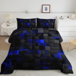 Geometric Blue Black Comforter Set,Light Honeycomb 3 Piece Bedding Set Full Size for Teen Boys,Modern Quilt Set Geometry Decor,Microfiber Lightweight 1 Comforter 2 Pillowcases All Season