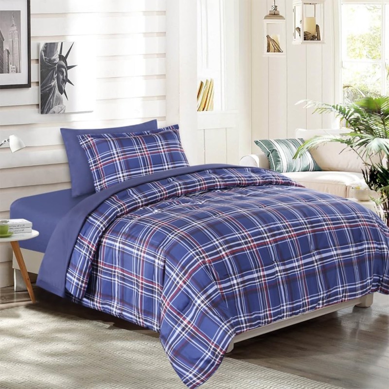 EMME Twin Comforter Set Bed in a Bag Plaid, 5 Piece Navy Blue Bedding Sets Twin Size with Sheets, Twin XL Comforter, Pillowcase&Sham, Soft Down Alternative Bed Set for All Season