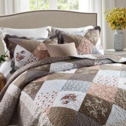 HoneiLife Quilt Set King Size - 3 Piece Microfiber Reversible Bedspreads Patchwork Coverlet Floral Bedding Set All Season Quilts- Splicing Mocha Rose