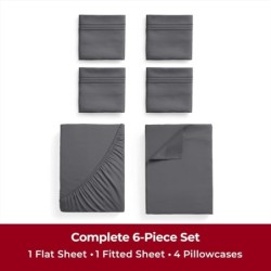 Mellanni Iconic King Sheet Set - 6-Piece Bed Sheets, (Including 4 Pillowcases), 16-Inch Deep Pocket, Easy Care, Extra Soft, Cooling Sheets, Brushed Microfiber - Gray