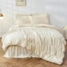 Queen Comforter Set Wheat Bedding - Ruched Comforter Queen Size Bed Set Boho Shabby Chic Bedding for Bedroom Comforter Fluffy 3 Piece Ruffle Comforter Set with Pillow White Bedding Soft