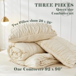 Queen Comforter Set Wheat Bedding - Ruched Comforter Queen Size Bed Set Boho Shabby Chic Bedding for Bedroom Comforter Fluffy 3 Piece Ruffle Comforter Set with Pillow White Bedding Soft