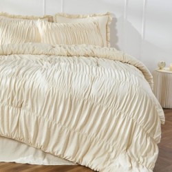 Queen Comforter Set Wheat Bedding - Ruched Comforter Queen Size Bed Set Boho Shabby Chic Bedding for Bedroom Comforter Fluffy 3 Piece Ruffle Comforter Set with Pillow White Bedding Soft