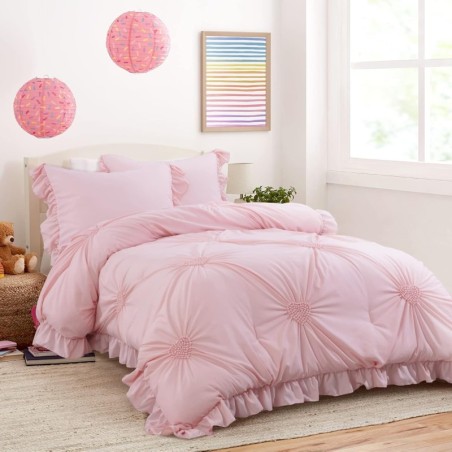 HOMBYS Pink Bedding Comforter Set for Girls, 3 Piece Blush Pinch Pleat Comforter Set with Ruffles for All Season，Twin Size