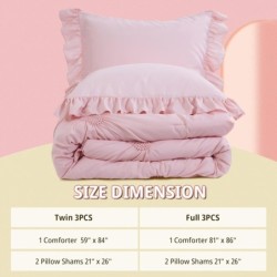 HOMBYS Pink Bedding Comforter Set for Girls, 3 Piece Blush Pinch Pleat Comforter Set with Ruffles for All Season，Twin Size