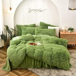 Fluffy Duvet Cover Set Full Size Green Ultra Soft Shaggy Fluffy Comforter Cover Set Fuzzy Quilt Cover Set Bedding Set 3Pcs (1Duvet Cover + 2Pillow Shams) with Zipper Closure Avocado Green