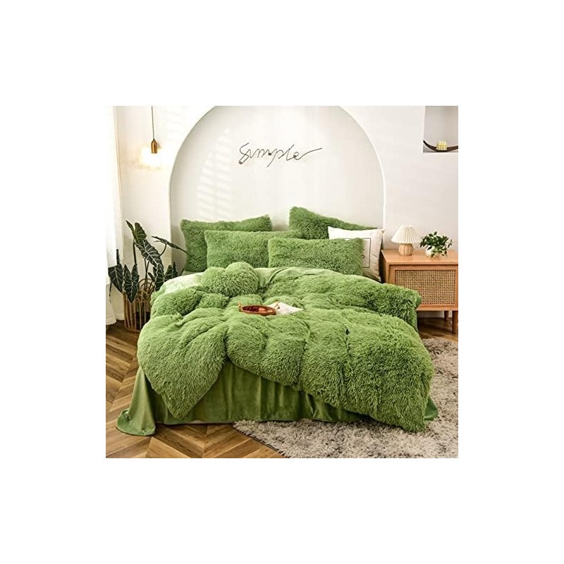 Fluffy Duvet Cover Set Full Size Green Ultra Soft Shaggy Fluffy Comforter Cover Set Fuzzy Quilt Cover Set Bedding Set 3Pcs (1Duvet Cover + 2Pillow Shams) with Zipper Closure Avocado Green