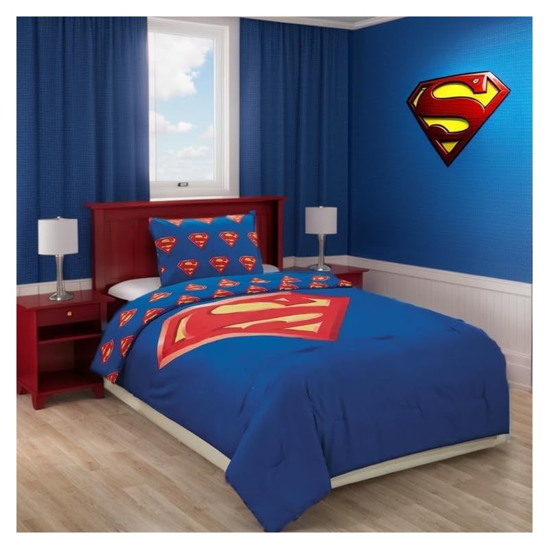 Superhero Bedding Set with Beach Towel, Fleece Blanket, Bedspread Set, and Curtain Set for Kids - Marvel, DC Comics, Justice League, and Avengers Theme (Twin Blue Comforter Set)