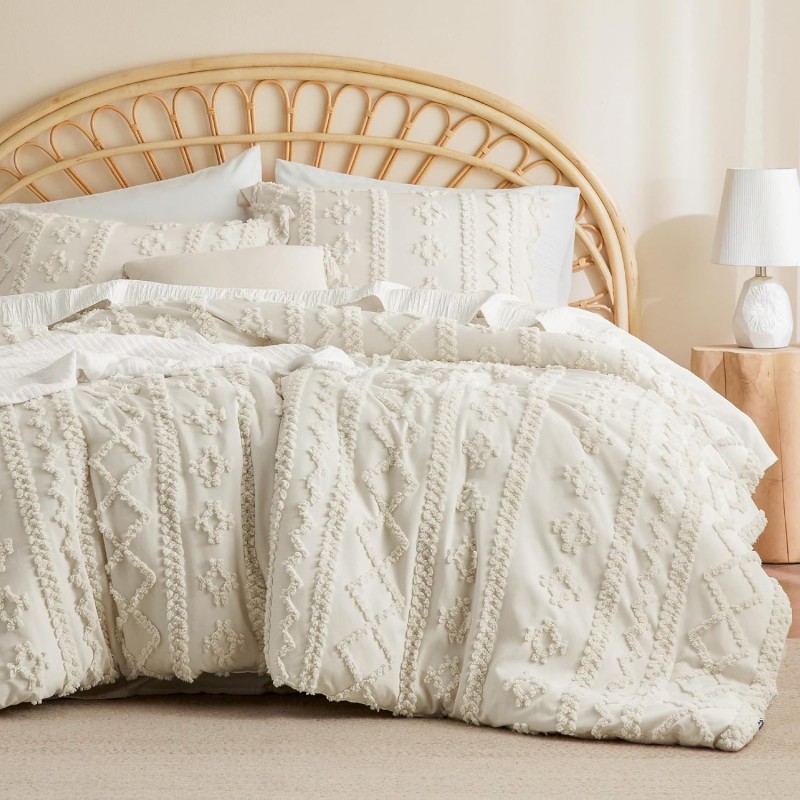 Bedsure Tufted Boho Comforter Set Full - Beige Boho Bedding Comforter Set, 3 Pieces Farmhouse Shabby Chic Embroidery Bed Set, Soft Jacquard Comforter for All Seasons