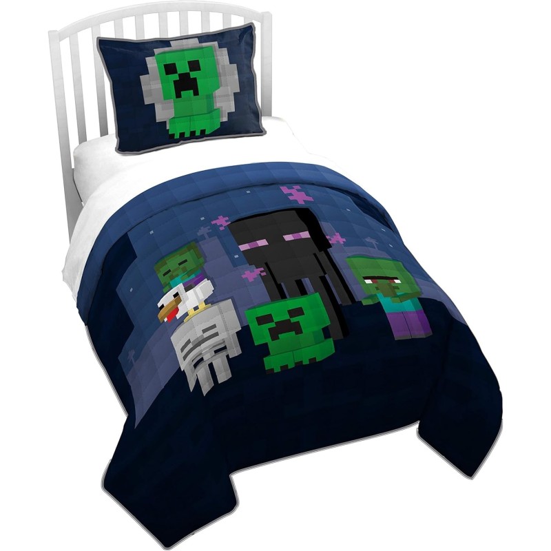 Jay Franco Minecraft Bad Night Twin Quilt & Sham Set - Super Soft Kids Bedding Features Creeper & Enderman - Fade Resistant Microfiber (Official Minecraft Product)