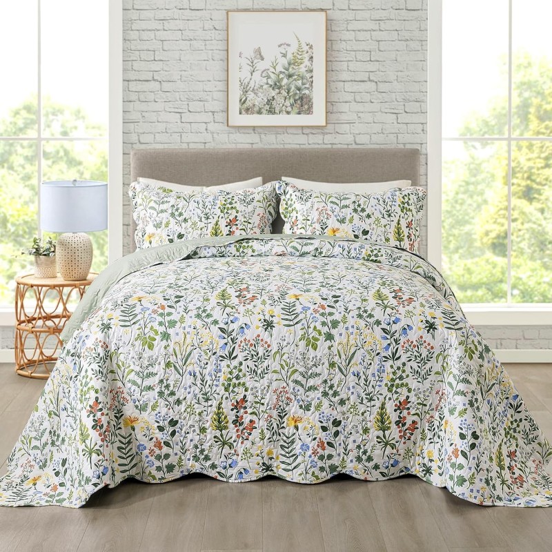 Travan 3-Piece Quilt Set Quilted Bedspread Lightweight Coverlet Set Garden Style Floral Printed Oversized Quilted Bedding Set with Shams for All Season, Exquisite, King Size