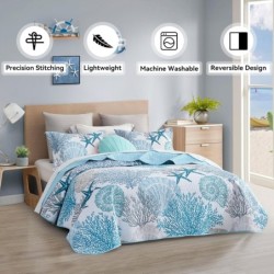 Tritard 3 Piece Coastal Quilt Sets Full/Queen Size - Reversible Microfiber Quilts with 2 Shams Soft Lightweight Beach Bedding Nautical Bedspread Coverlet Summer Comforter for All Season, 90''x96'', C1