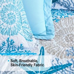 Tritard 3 Piece Coastal Quilt Sets Full/Queen Size - Reversible Microfiber Quilts with 2 Shams Soft Lightweight Beach Bedding Nautical Bedspread Coverlet Summer Comforter for All Season, 90''x96'', C1