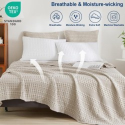 PHF 100% Cotton Waffle Weave Blanket King Size for Bed, Lightweight Washed Cotton Blanket - 108"x90" Aesthetic Soft Woven and Breathable Blanket for Sofa Home Decor - Oatmeal