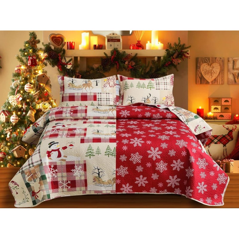 Christmas Bedding Set King Size Christmas Quilt Bedspread Holiday Xmas Bedding Buffalo Plaid Patchwork Rustic Quilt Lodge Cabin Bedding Lightweight Reversible Coverlet Christmas Home Decor Quilt