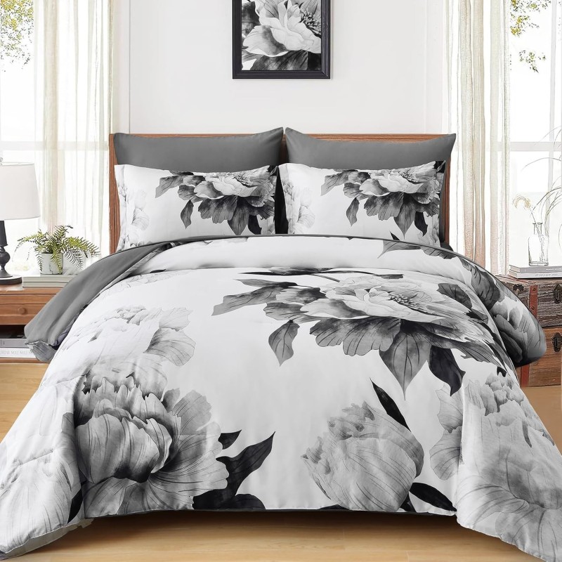 Dobuyly Grey Queen Comforter Set 7 Piece Bed in a Bag, Gray Floral Printed on White Comforter Set with Sheets, Soft Microfiber Botanical Farmhouse Bedding Set for All Season