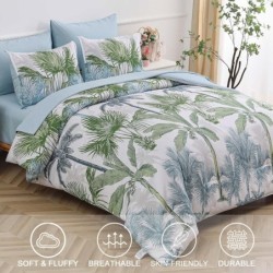 WONGS BEDDING Botanical Comforter Set Queen, 7 Pieces Blue Palm Tree Bed in a Bag, Reversiable Soft Microfiber Coastal Beach Bedding with Comforter, Flat Sheet, Fitted Sheet, Pillow Shams Pillowcases