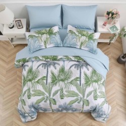 WONGS BEDDING Botanical Comforter Set Queen, 7 Pieces Blue Palm Tree Bed in a Bag, Reversiable Soft Microfiber Coastal Beach Bedding with Comforter, Flat Sheet, Fitted Sheet, Pillow Shams Pillowcases